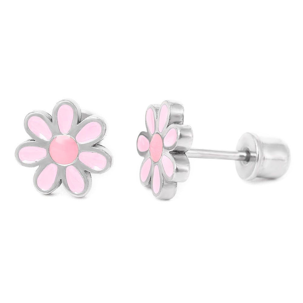 Hypoallergeen kinderoorbellen: Bloem roze met schroefsluiting