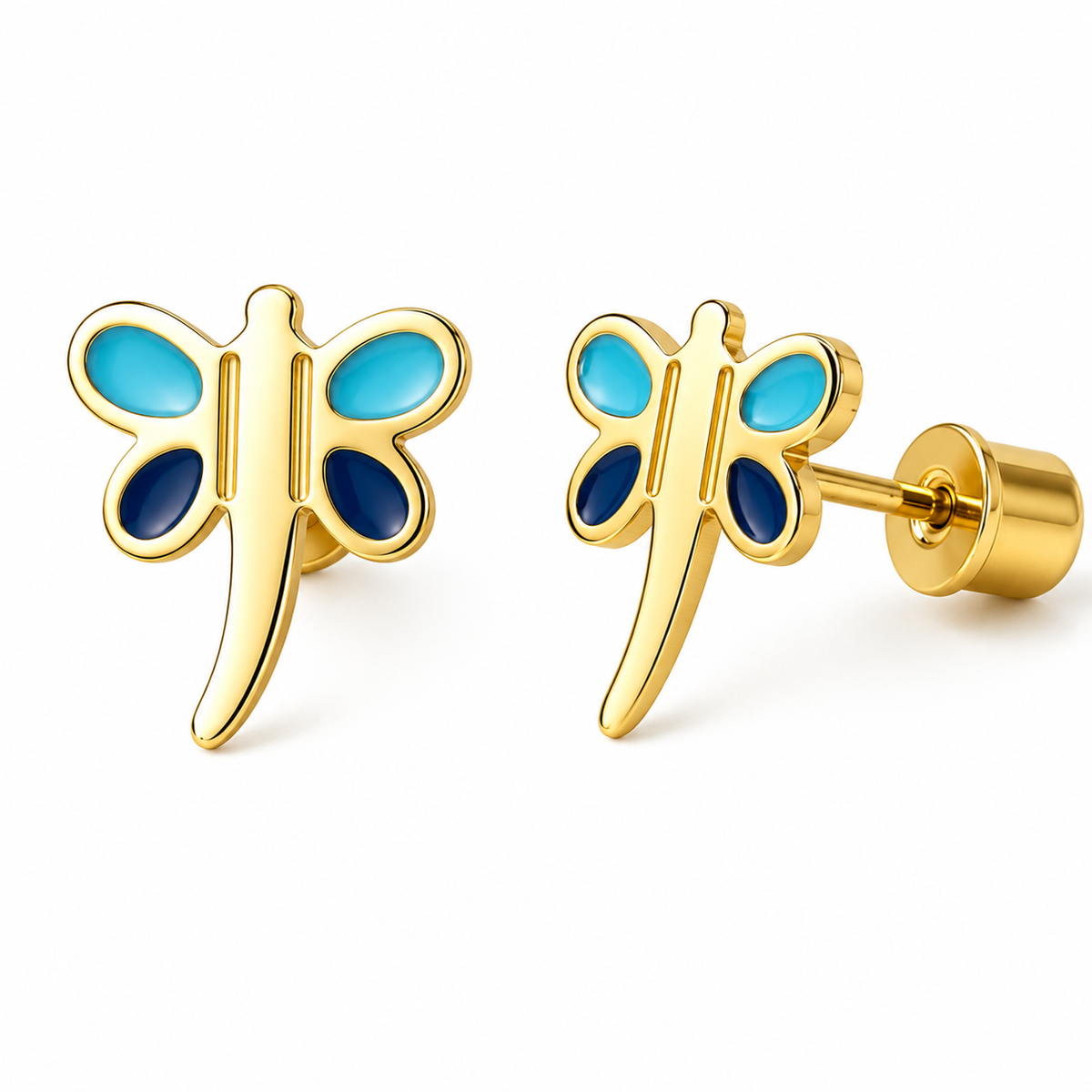 Hypoallergene Kinderohrringe: Blaue Libelle mit Schraubverschluss (gold)
