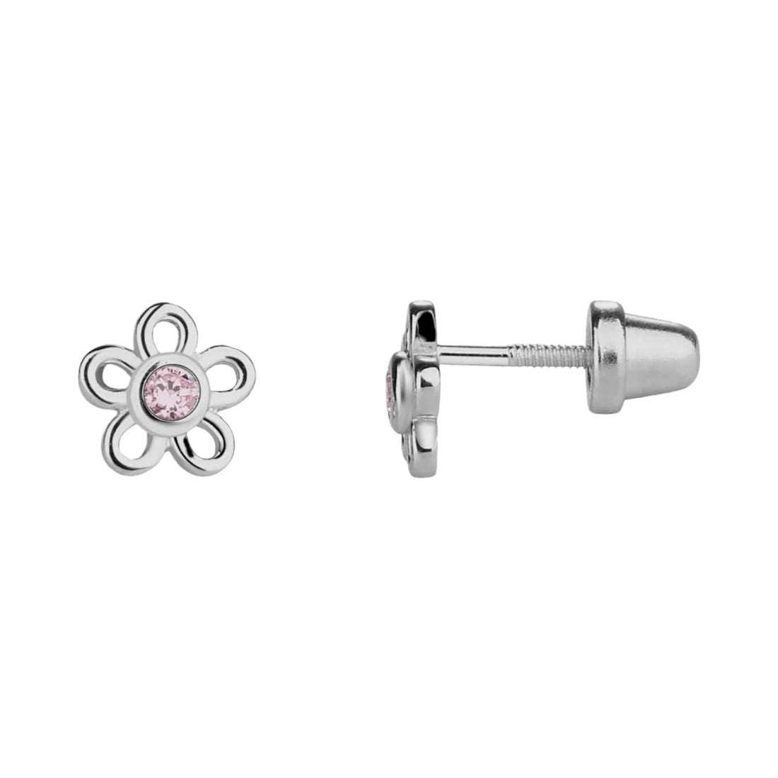 Silberne Kinder-Ohrringe: Blumen rosa mit Schraubverschluss