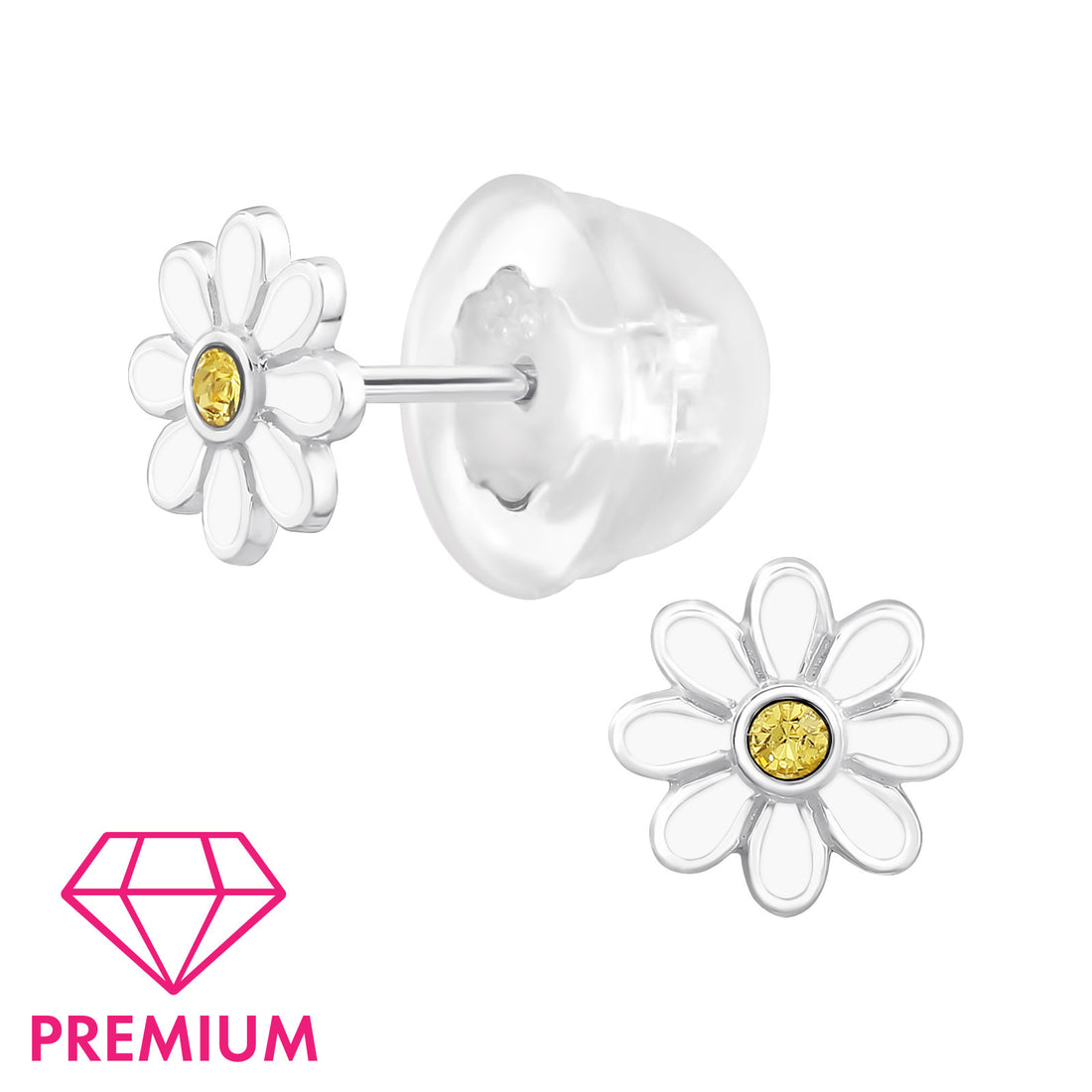 Zilveren kinderoorbellen Premium: Wit bloemetje