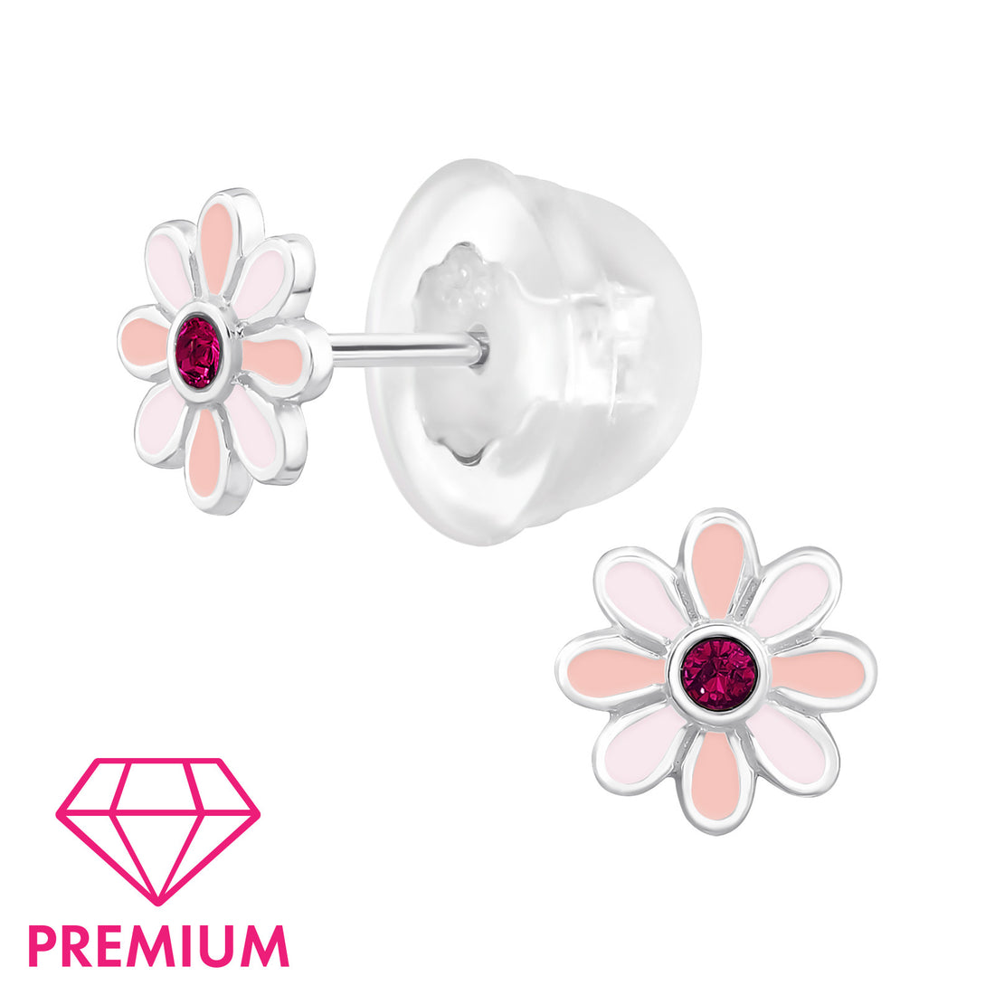 Zilveren kinderoorbellen Premium: Roze bloemetje