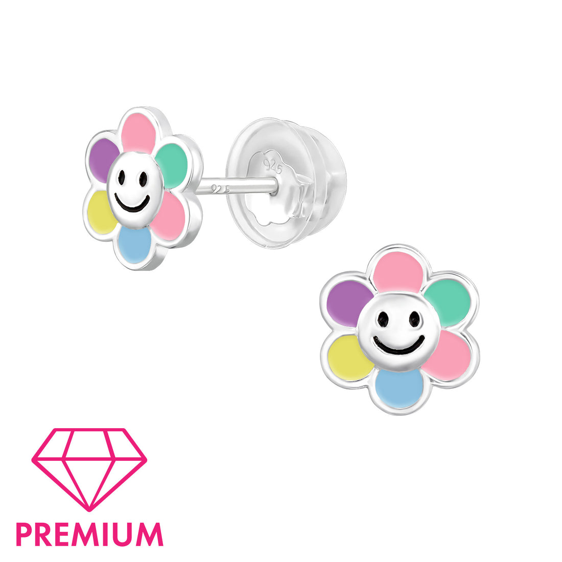 Zilveren kinderoorbellen Premium: Gekleurde bloemetjes