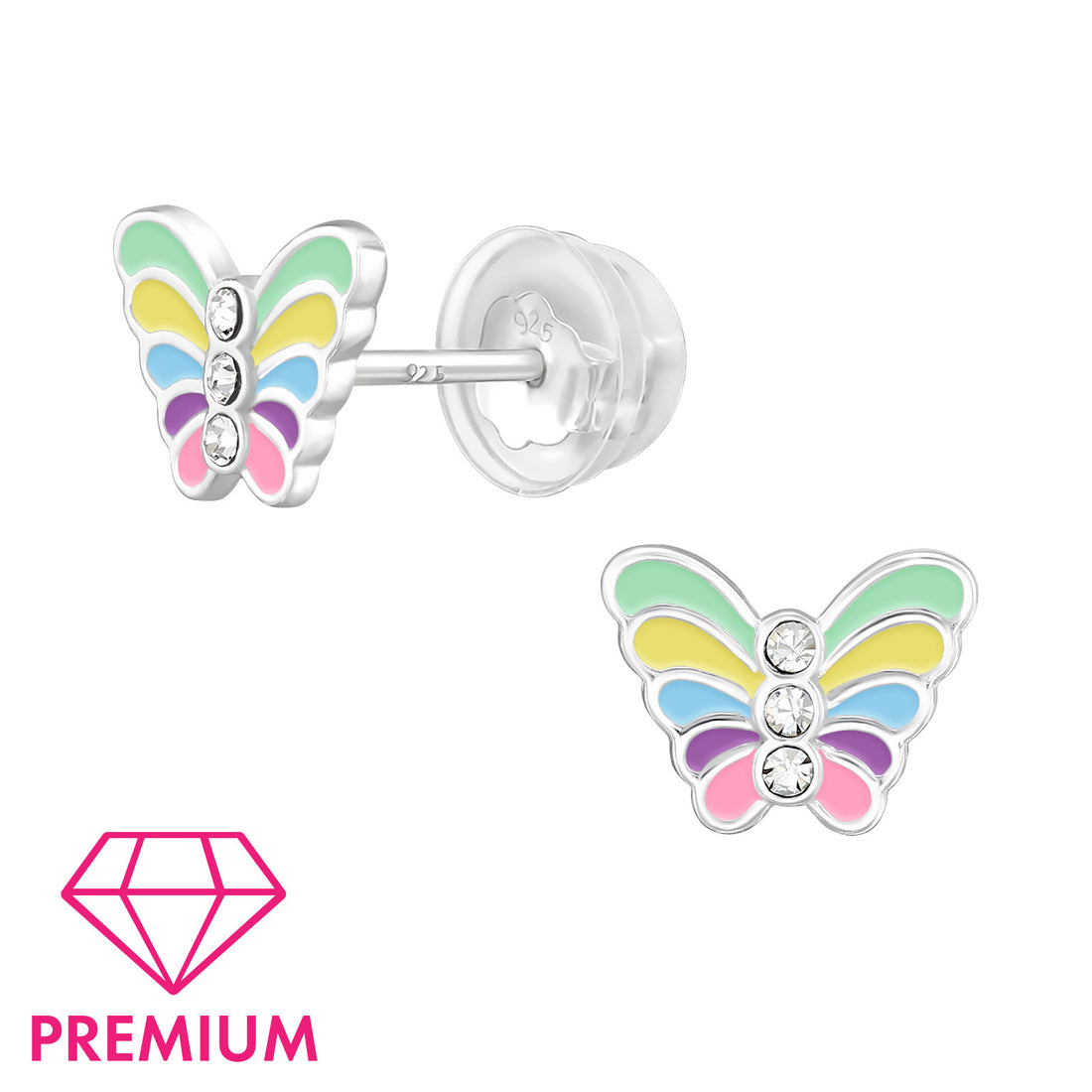 Zilveren kinderoorbellen Premium: Gekleurde vlindertjes