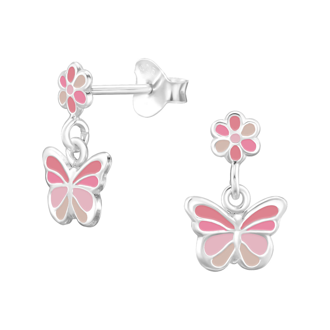 Zilveren kinderoorbellen: Hangende vlinder roze