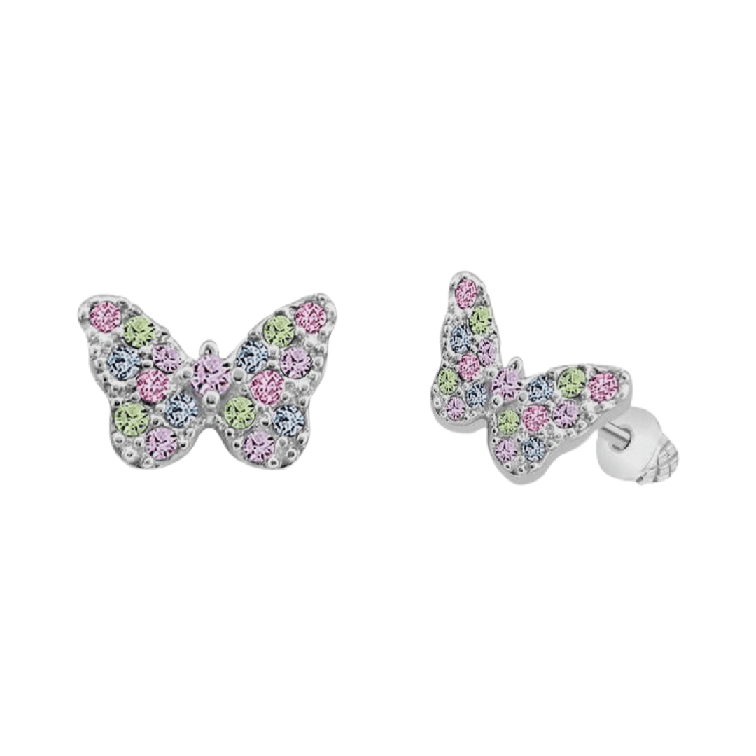 Silberne Kinder-Ohrringe: Schmetterling farbige Kristalle mit Schraubverschluss