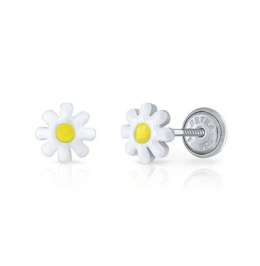 Silberne Kinder-Ohrringe: Blumen mit Schraubverschluss weiß/gelb (Lapetra)