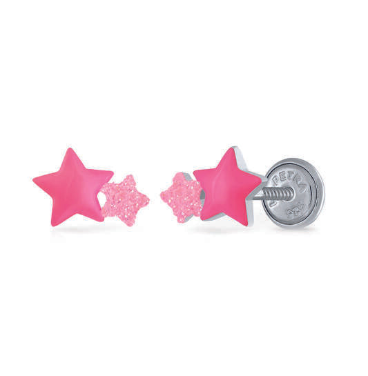 Silberne Kinder-Ohrringe: Rosa Sterne mit Schraubverschluss (Lapetra)