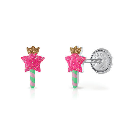 Silberne Kinder-Ohrringe: Zauberstab rosa mit Schraubverschluss (Lapetra)