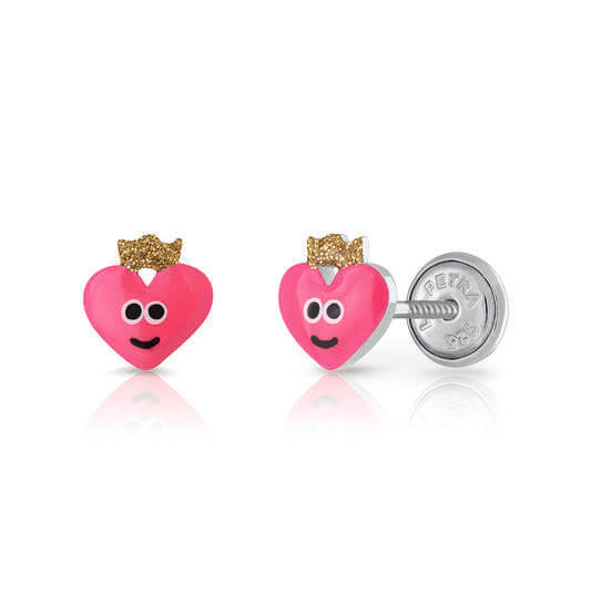 Silberne Kinder-Ohrringe: Herz mit Krone mit Schraubverschluss (Lapetra)