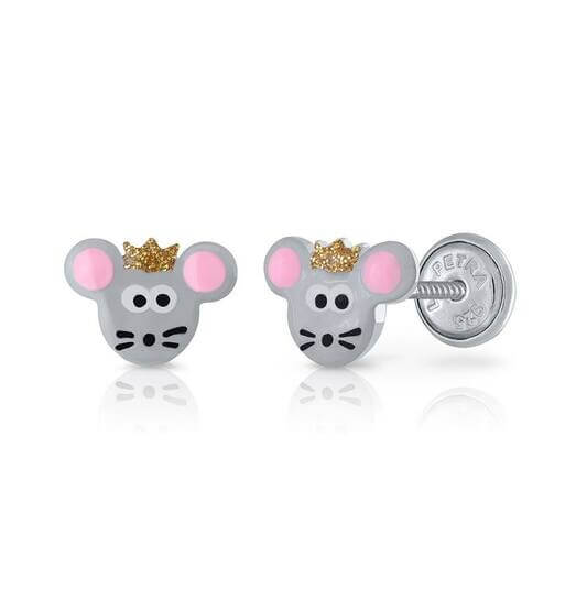 Silberne Kinder-Ohrringe: Maus mit Schraubverschluss (Lapetra)