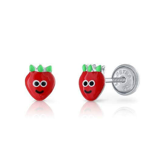 Zilveren kinderoorbellen: Aardbeitjes met schroefsluiting (Lapetra)