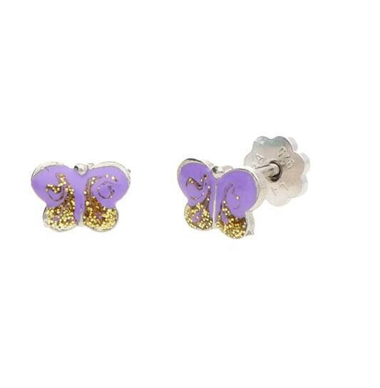 Silberne Kinder-Ohrringe: Schmetterlinge lila mit Schraubverschluss (Lapetra)