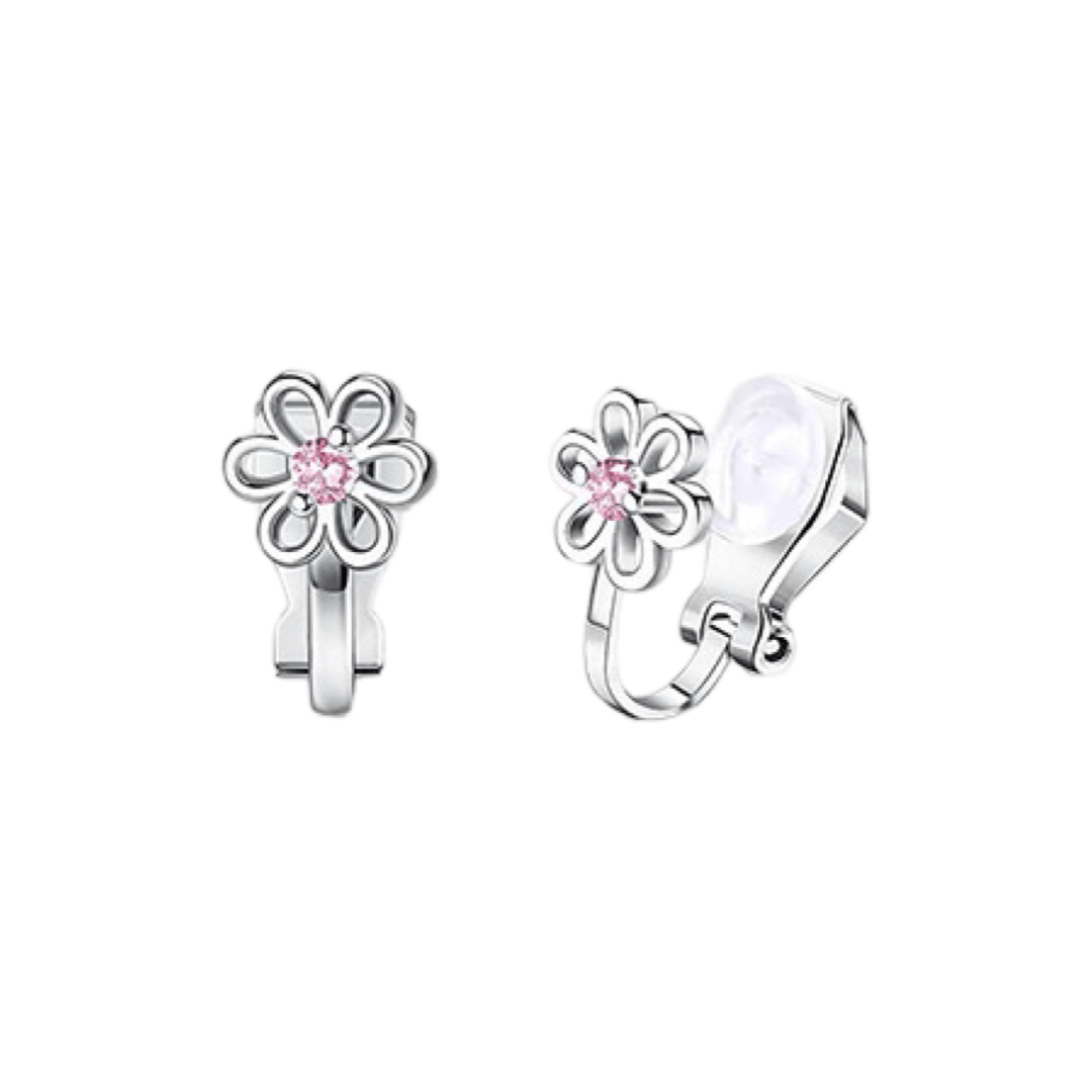Clip earrings: Flowers with pink heart