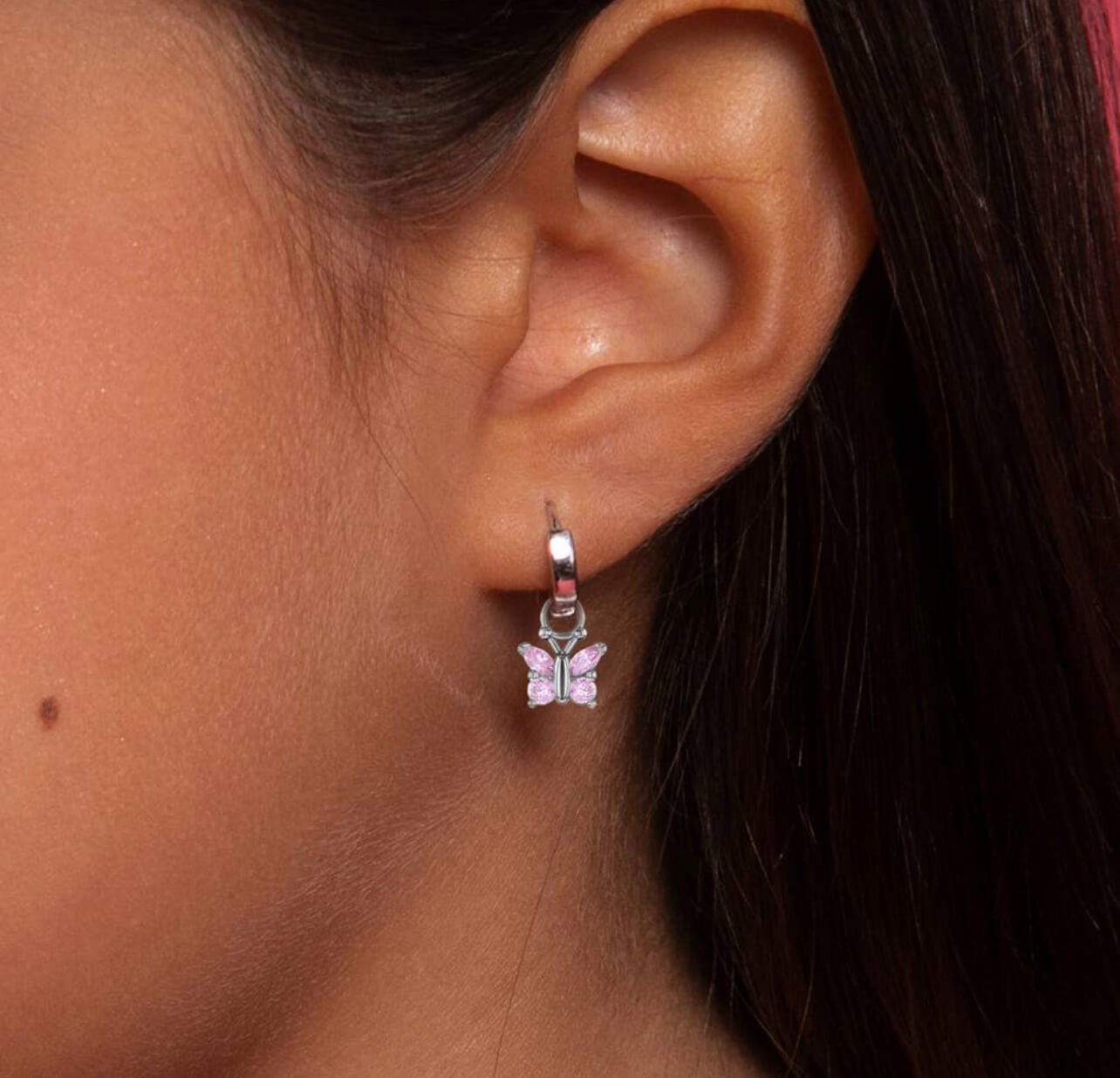 Silberne Ohrringe für Kinder: Rosa Schmetterlinge (Kreolen)