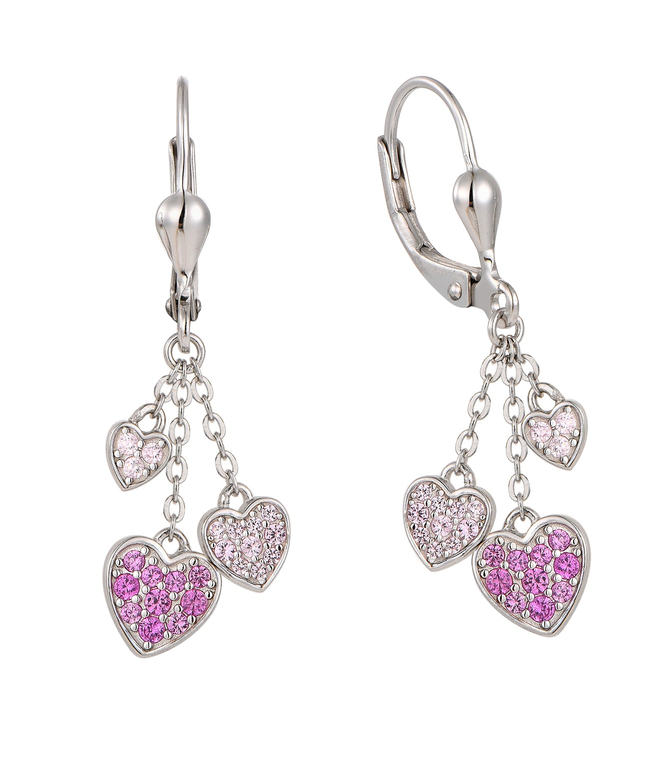 Zilveren kinderoorbellen: Hangende hartjes roze (brisure sluiting)