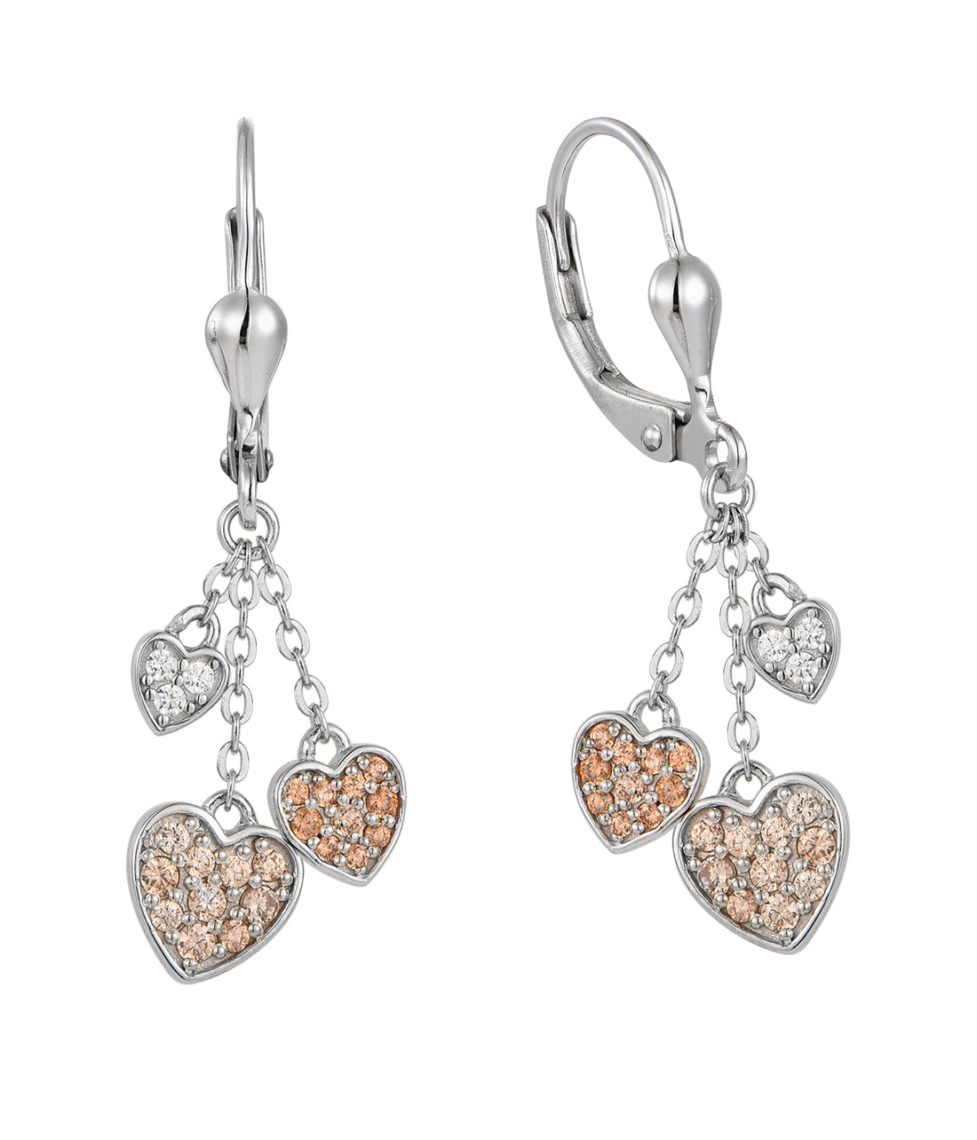 Zilveren kinderoorbellen: Hangende hartjes beige/goud (brisure sluiting)