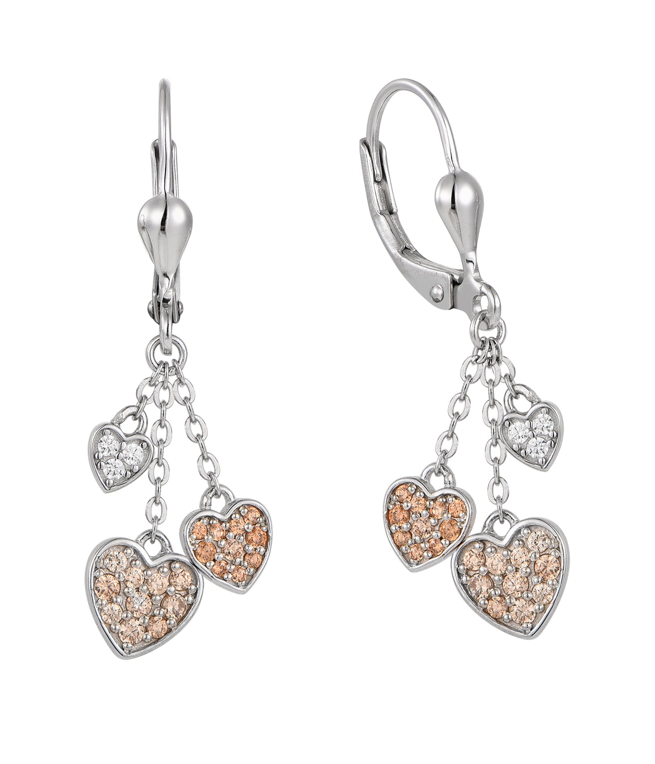 Zilveren kinderoorbellen: Hangende hartjes beige/goud (brisure sluiting)