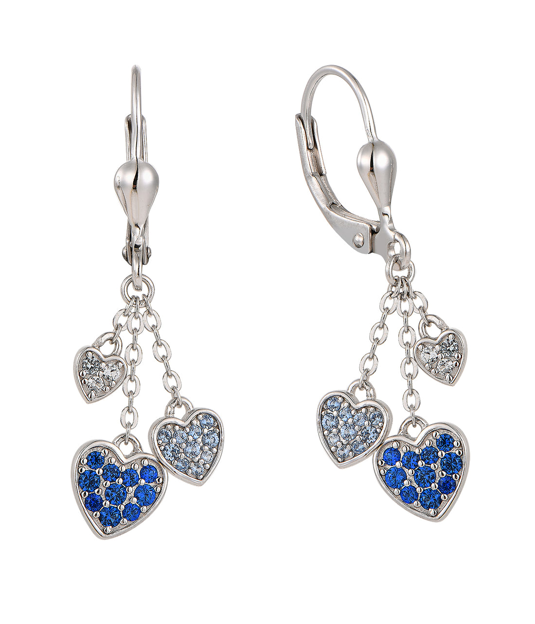 Zilveren kinderoorbellen: Hangende hartjes blauw (brisure sluiting)