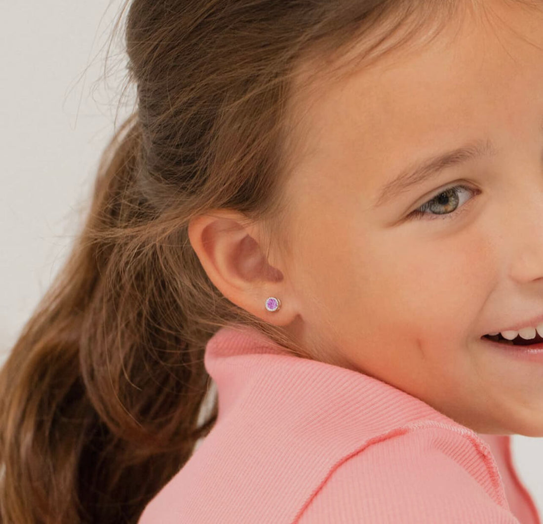 Silberne Kinder-Ohrringe: Kristall rosa mit Schraubverschluss