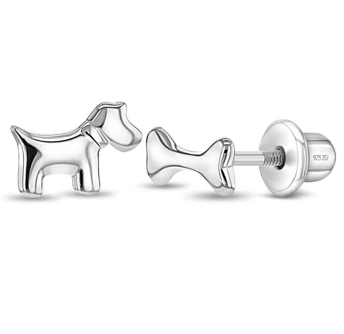 Zilveren kinderoorbellen: Hond/botje met schroefsluiting