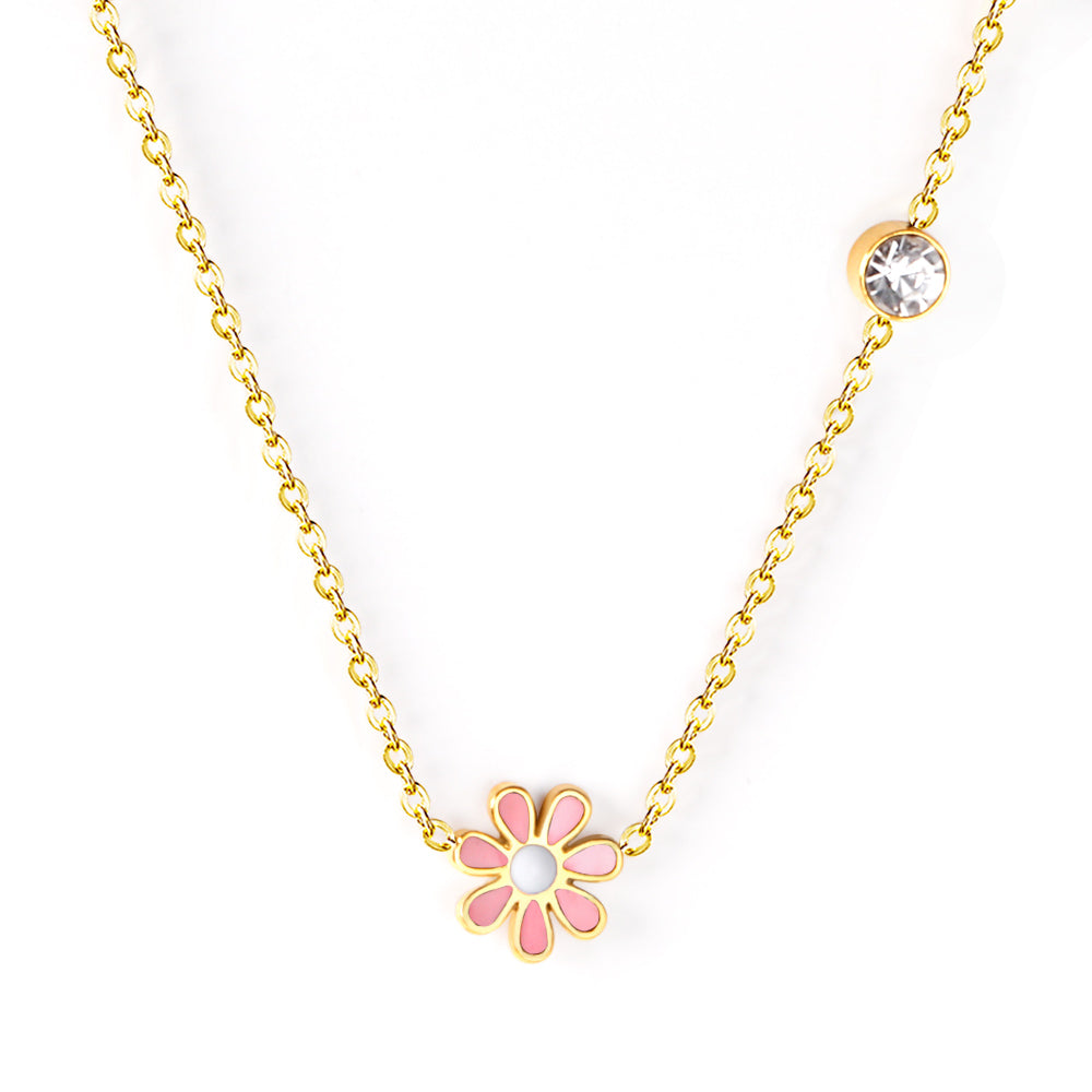 Collier pour enfants en acier chirurgical : Fleur rose (or)