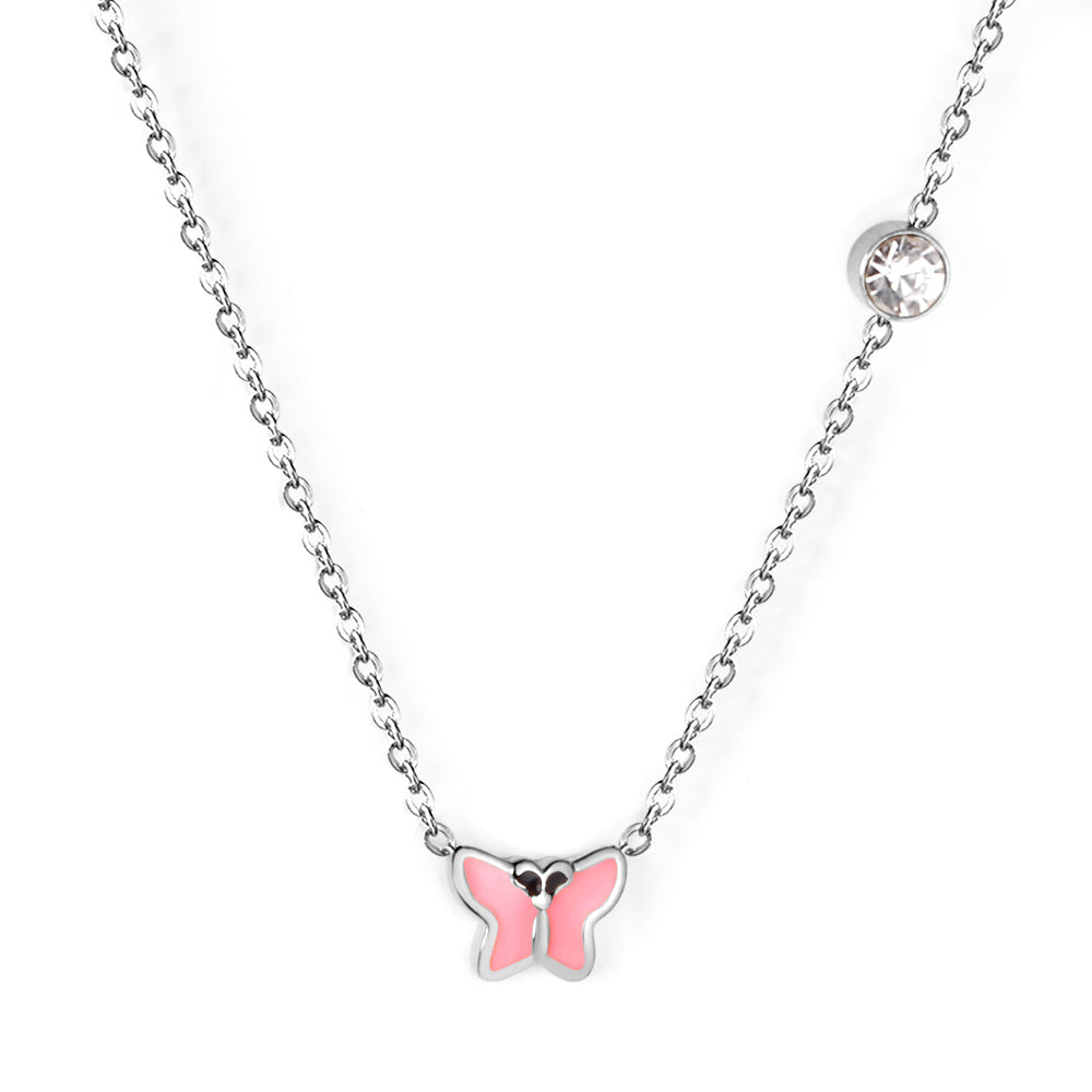 Collier pour enfants en acier chirurgical : Papillon rose