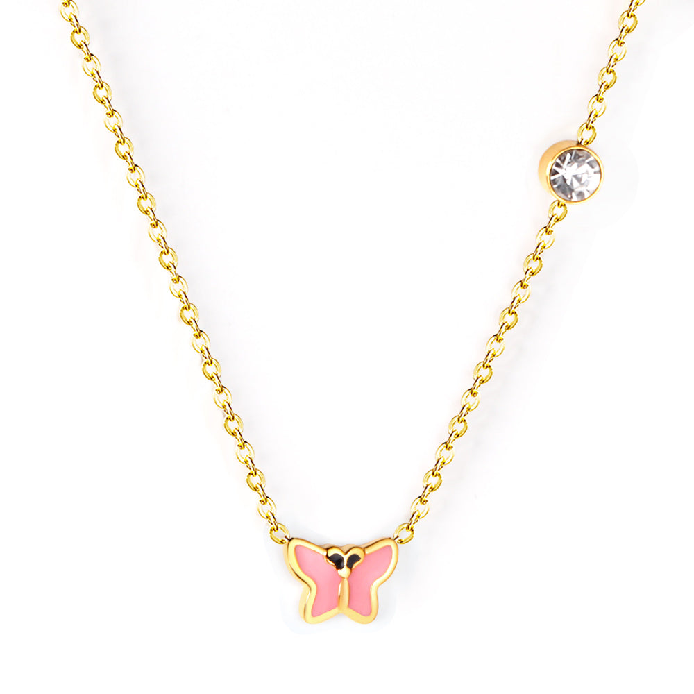 Collier pour enfants en acier chirurgical : Papillon rose (or)