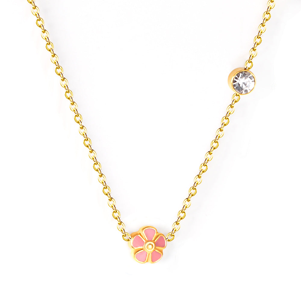 Collier pour enfants en acier chirurgical : Fleur rose (or)