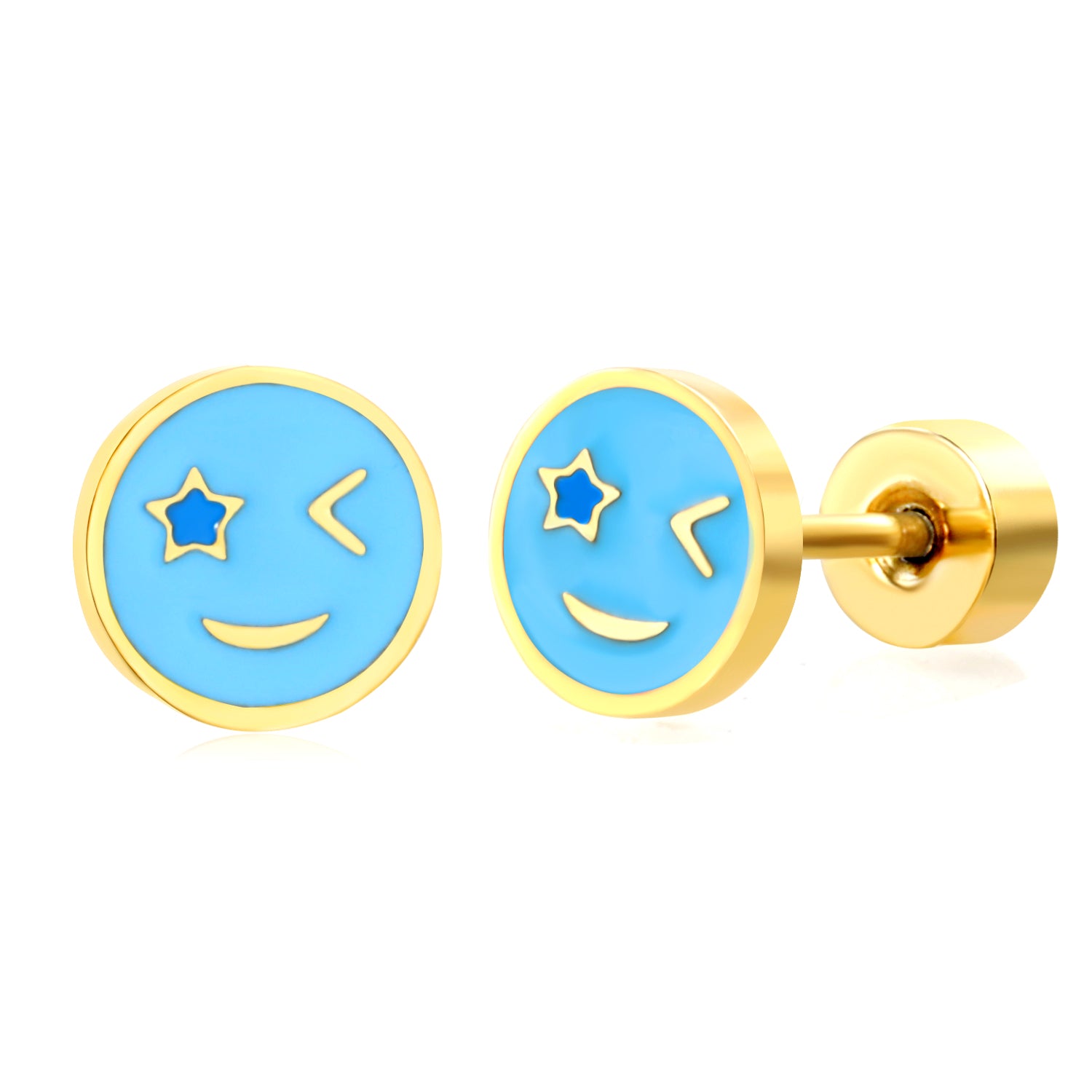 Hypoallergene Ohrringe für Kinder: Smiley blau mit Schraubverschluss