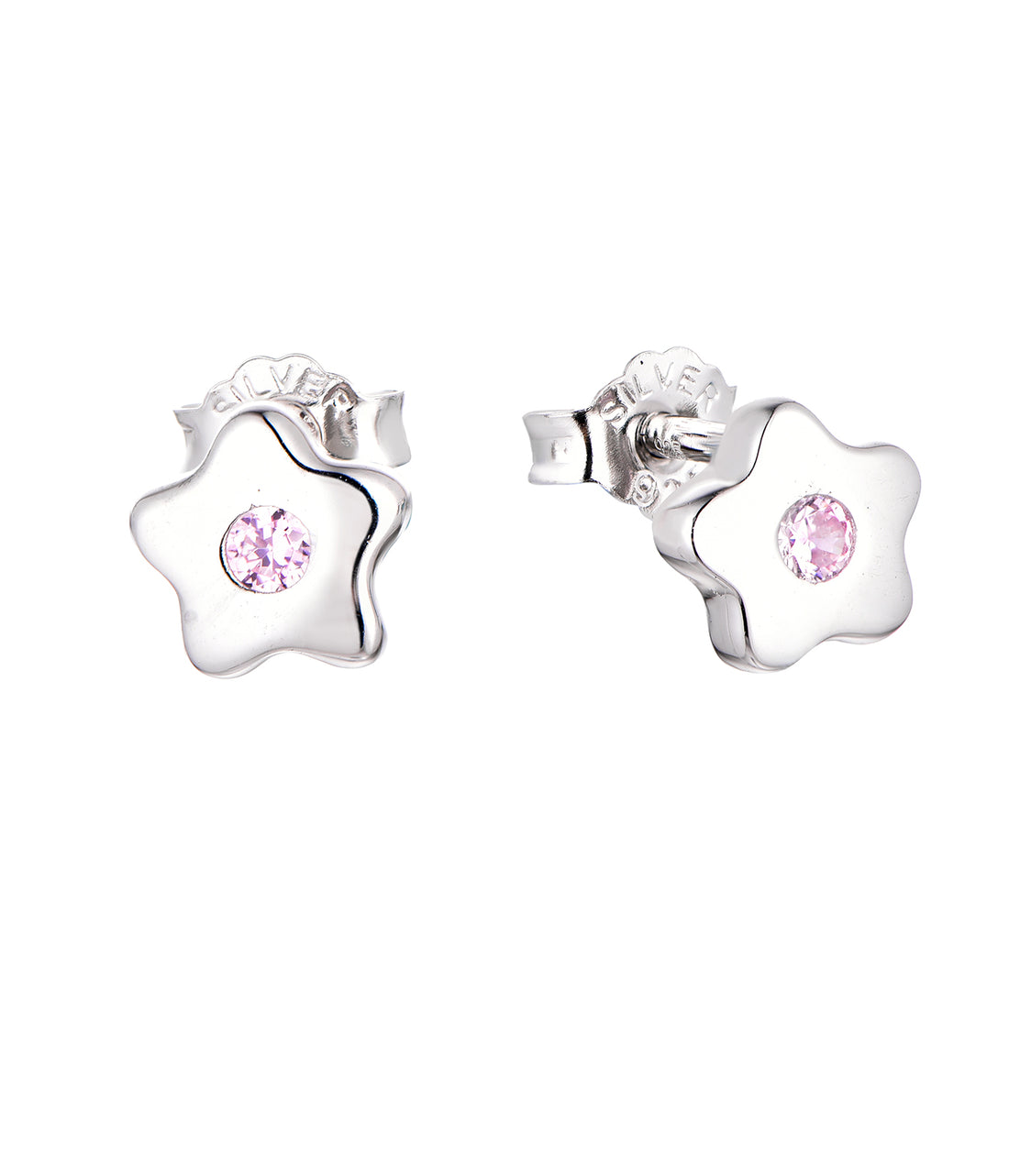 Zilveren kinderoorbellen: Bloemetjes roze kristal