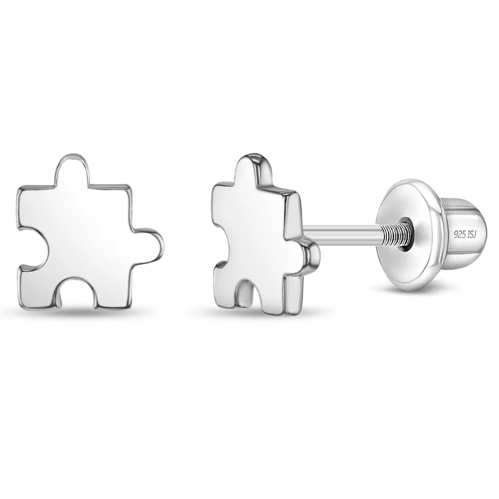 Zilveren kinderoorbellen: Puzzelstukjes met schroefsluiting