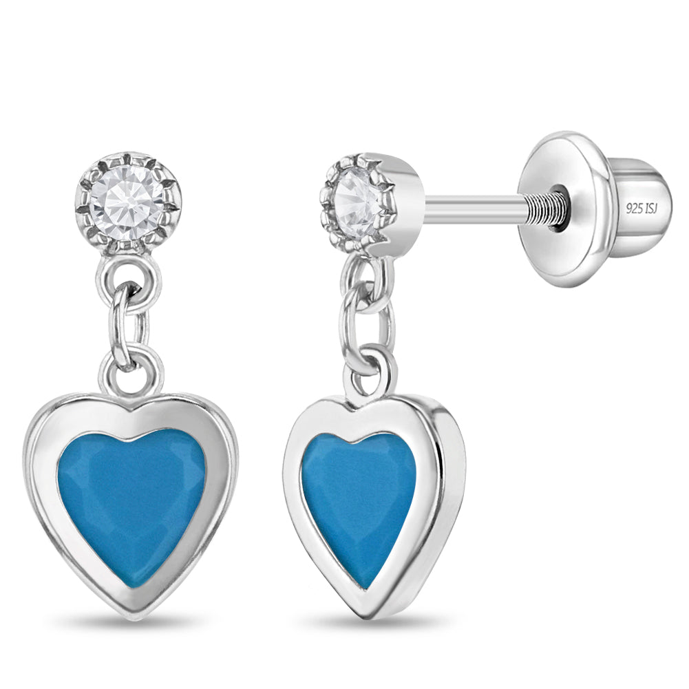 Zilveren kinderoorbellen: Hangend hartje blauw met schroefsluiting