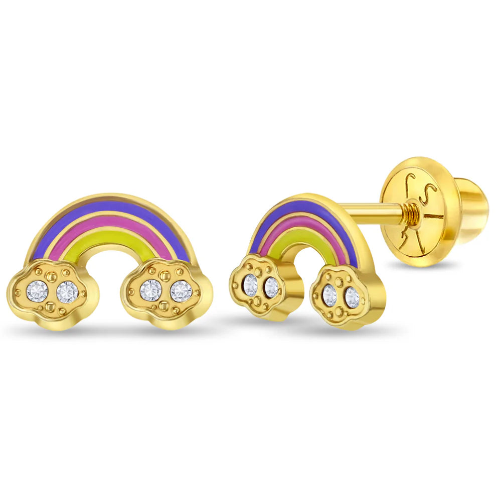 Gouden kinderoorbellen: Regenboogjes met schroefsluiting