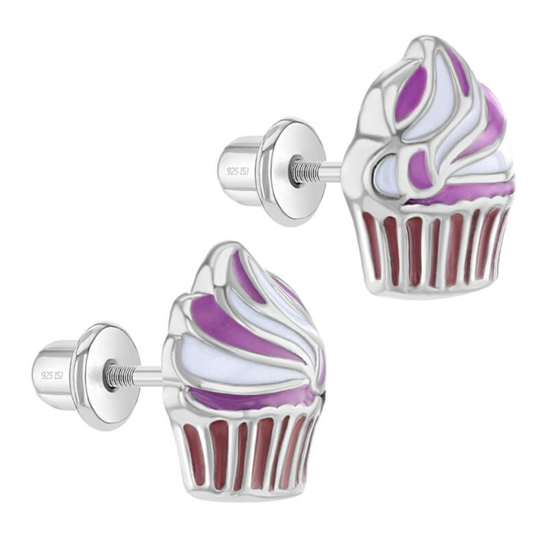Zilveren kinderoorbellen: Cupcakes met schroefsluiting