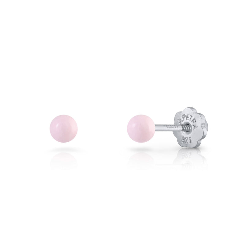 Zilveren kinderoorbellen: Licht roze pareltjes met schroefsluiting (Lapetra)