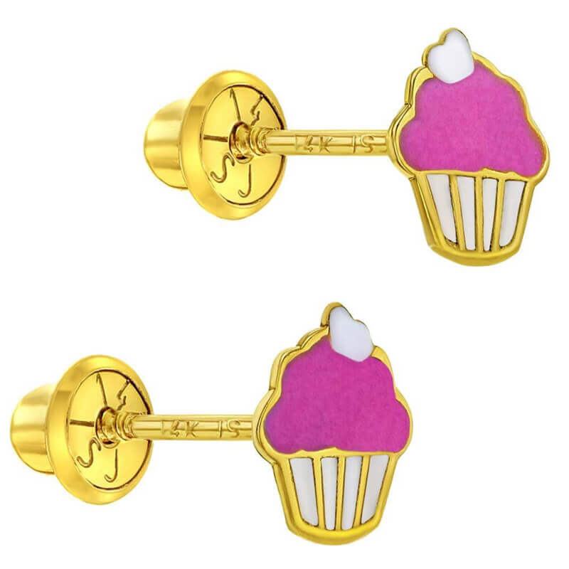 Gouden kinderoorbellen: Cupcakes met schroefsluiting roze