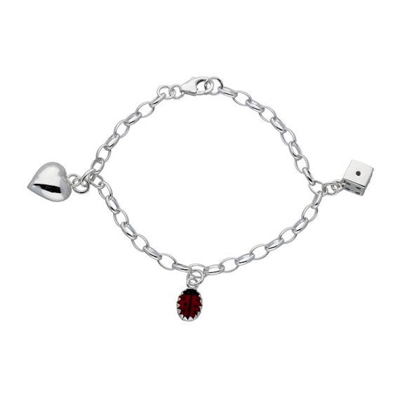 Kinderarmbandje: Dobbelsteen, hartje en lieveheersbeestje