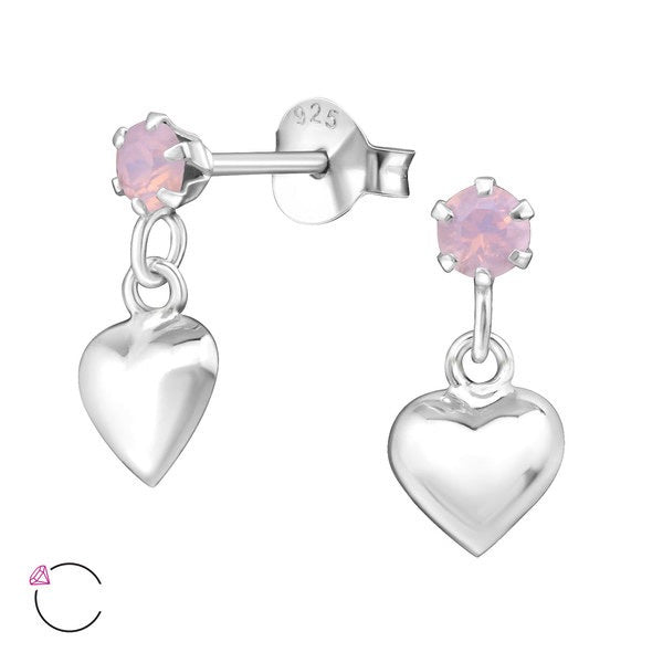Zilveren kinderoorbellen: Hangende hartjes roze kristal