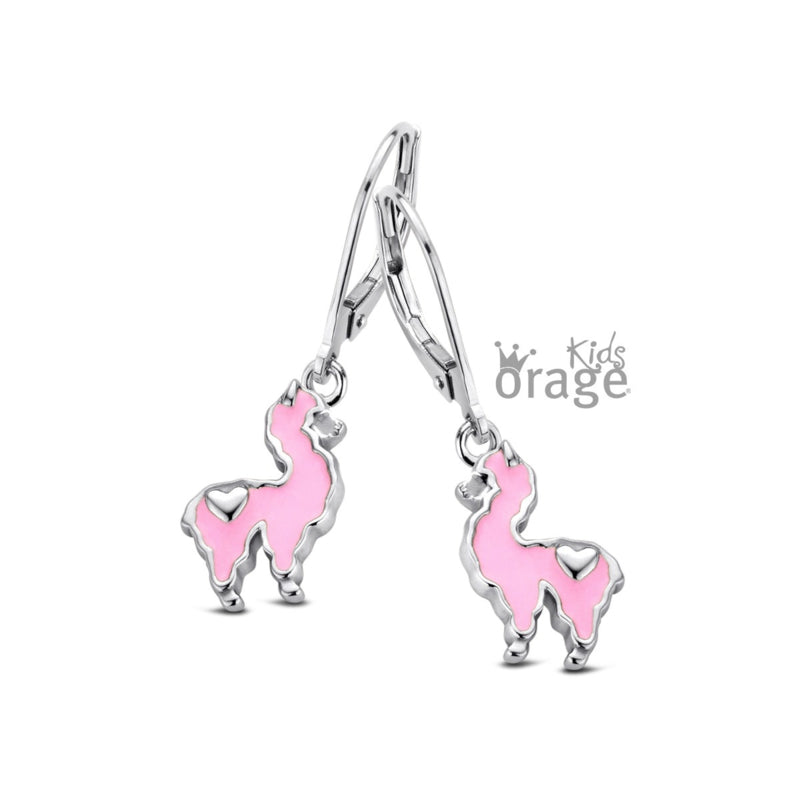 Zilveren kinderoorbellen: Roze Lama (ORAGE brisure sluiting)