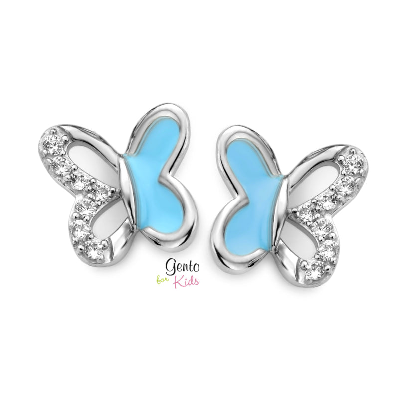 Zilveren kinderoorbellen: Vlinders licht blauw (Gento for kids)
