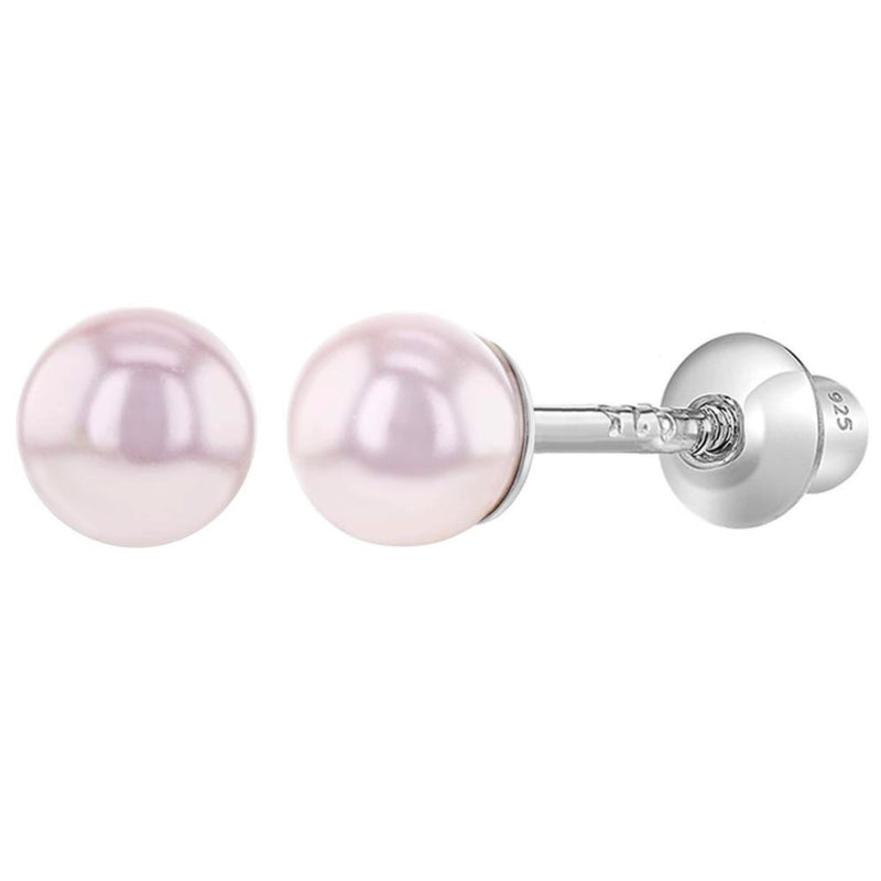 Zilveren kinderoorbellen: Roze parel met schroefsluiting