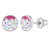 Zilveren kinderoorbellen: Donut wit/roze met schroefsluiting