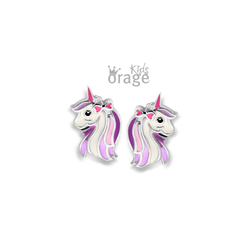 Zilveren kinderoorbellen: Eenhoorn paars/roze (ORAGE)
