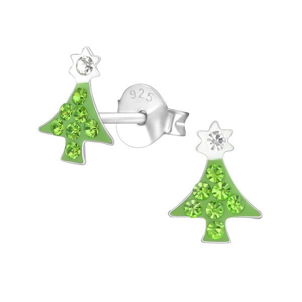 Zilveren kinderoorbellen: Kerstboom met kristallen
