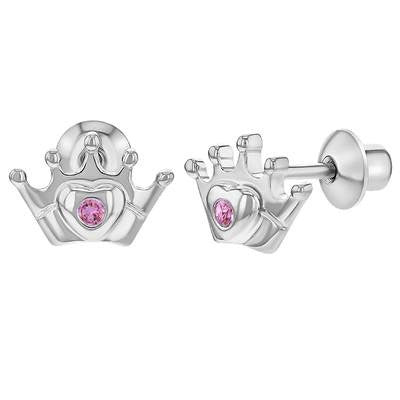 Zilveren kinderoorbellen: Kroontjes roze kristal met schroefsluiting