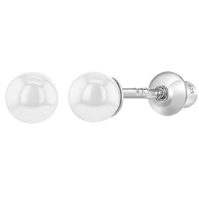 Zilveren kinderoorbellen: Wit pareltje met schroefsluiting 4mm