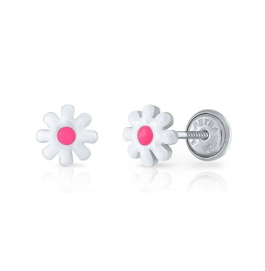 Zilveren kinderoorbellen: Bloemetjes met schroefsluiting wit/roze (Lapetra)