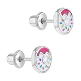 Zilveren kinderoorbellen: Donut wit/roze met schroefsluiting