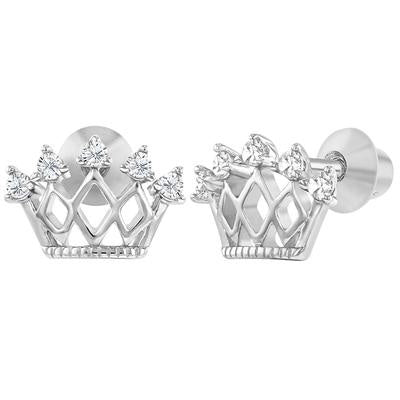 Zilveren kinderoorbellen: Kroon met kristallen schroefsluiting