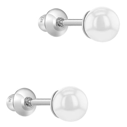 Zilveren kinderoorbellen: Wit pareltje met schroefsluiting 4mm